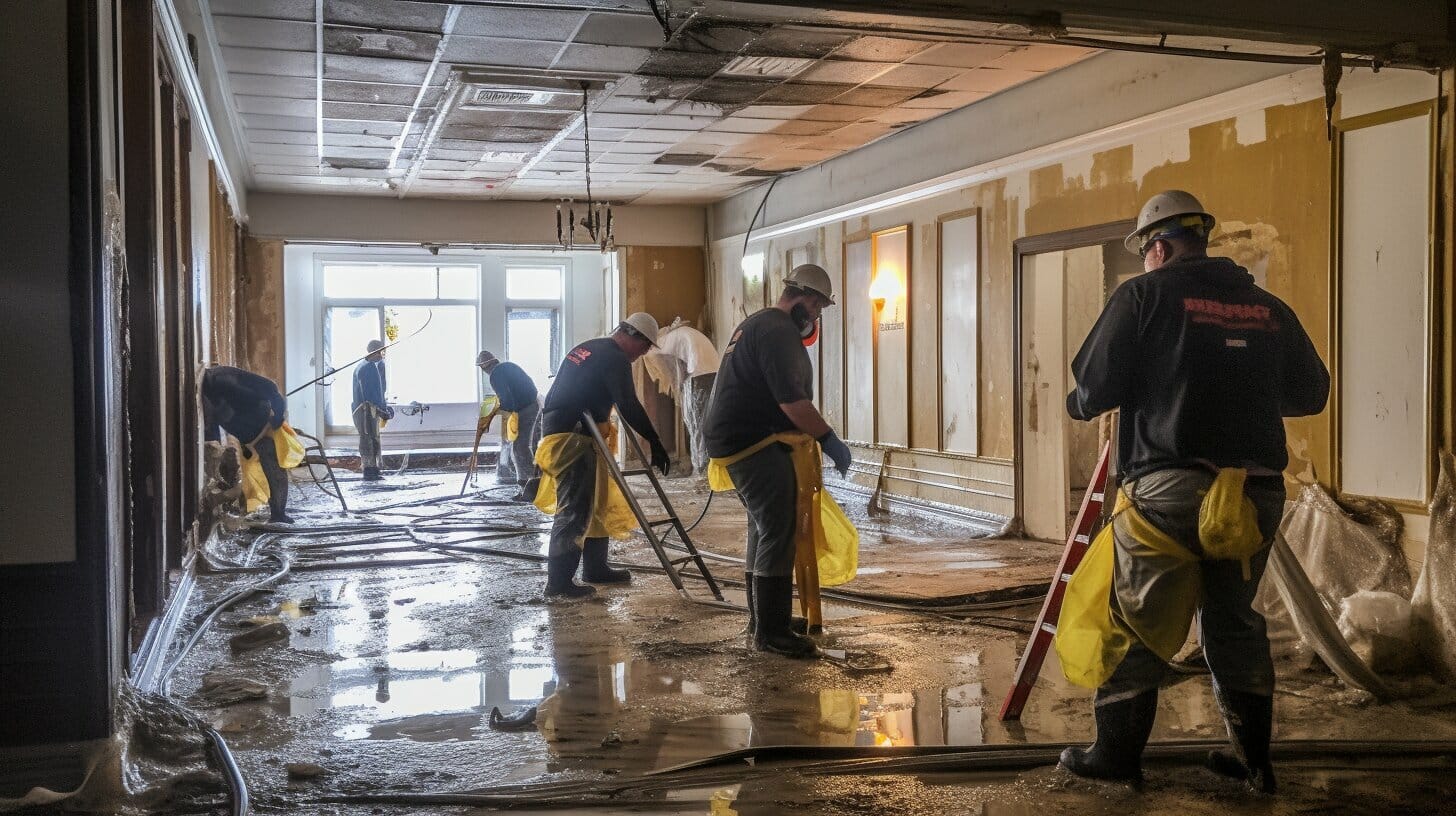 Stover's Restoration technician performing water damage restoration inside a building